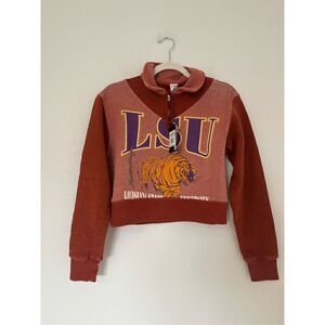 Re/Done LSU Tigers Cropped Quarter Zip Sweatshirt NEW